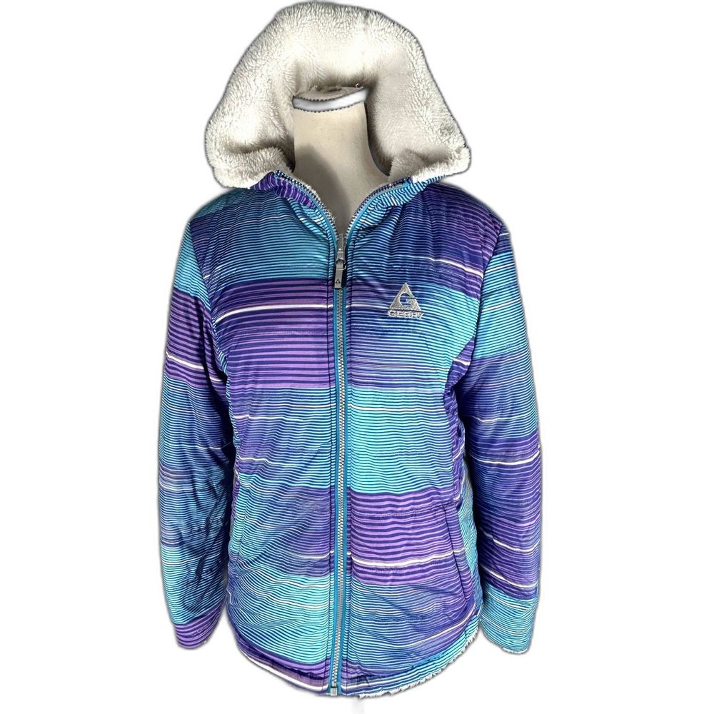 GERRY puffer womans jacket faux fur lined collar warm aqua purple reversible Med